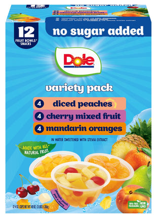 Dole Diced Peaches, Mandarin Oranges, and Cherry Mixed Fruit with No Sugar Added Variety Pack - Dole Fruit Bowls Snacks - 4 oz Bowls - 12 Pack