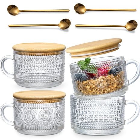 4pcs Set Vintage Coffee Mugs gifts for women, Overnight Oats Containers with Bamboo Lids and Spoons   14oz Clear Embossed Glass Cups, Cute Coffee Bar Accessories, Iced Coffee Glasses