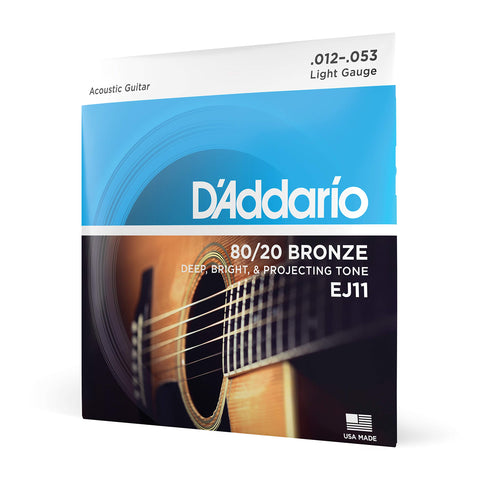 D'Addario Acoustic Guitar Strings, 80/20 Bronze, EJ11, Light Gauge 12-53, 6-String Set, Pack of 1