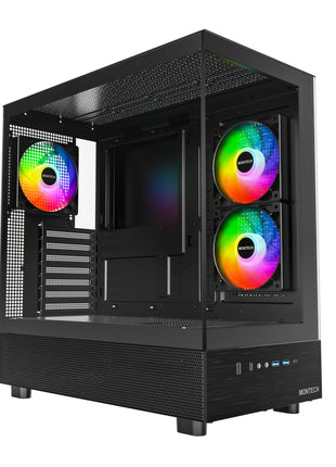 MONTECH XR Panoramic High Airflow ATX PC Case, 3 ARGB PWM Fans, Black | 420mm GPU Support, 360mm Radiator, Dual Tempered Glass, USB-C, Reverse Blade Fans, Magnetic Dust Filters, Up to 9 Fans