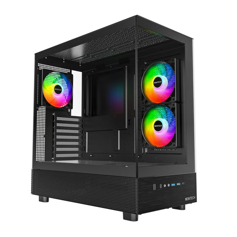 MONTECH XR Panoramic High Airflow ATX PC Case, 3 ARGB PWM Fans, Black | 420mm GPU Support, 360mm Radiator, Dual Tempered Glass, USB-C, Reverse Blade Fans, Magnetic Dust Filters, Up to 9 Fans
