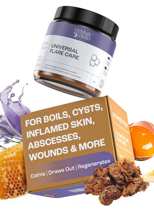 MyMagicHealer Universal Flare Care | Drawing Salve for HS, Boils, Cysts, Hemorrhoids, Pilonidal Cyst, Abscess | Anti Chafing, Wound Care, Relief for Itching Skin w/Propolis & Egg Yolk Extract 4 oz