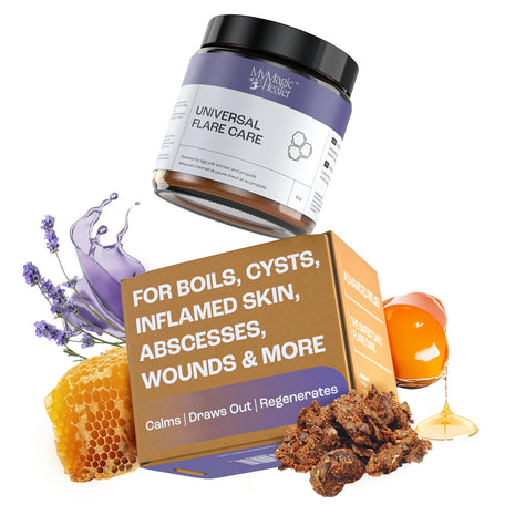 MyMagicHealer Universal Flare Care | Drawing Salve for HS, Boils, Cysts, Hemorrhoids, Pilonidal Cyst, Abscess | Anti Chafing, Wound Care, Relief for Itching Skin w/Propolis & Egg Yolk Extract 4 oz