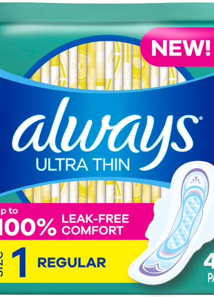 Always Ultra Thin Pads with Wings, Size 1, Regular, 46 Count