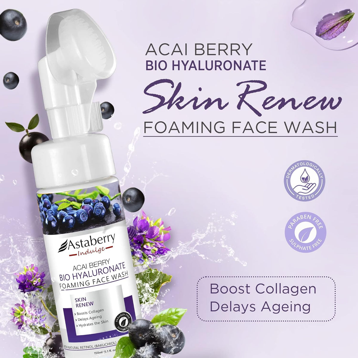 Astaberry Indulge Acai Berry Bio Hyaluronate Foaming Face Wash 150 ml with Silicone Brush Deep cleanses | Makes your skin look younger and plumper