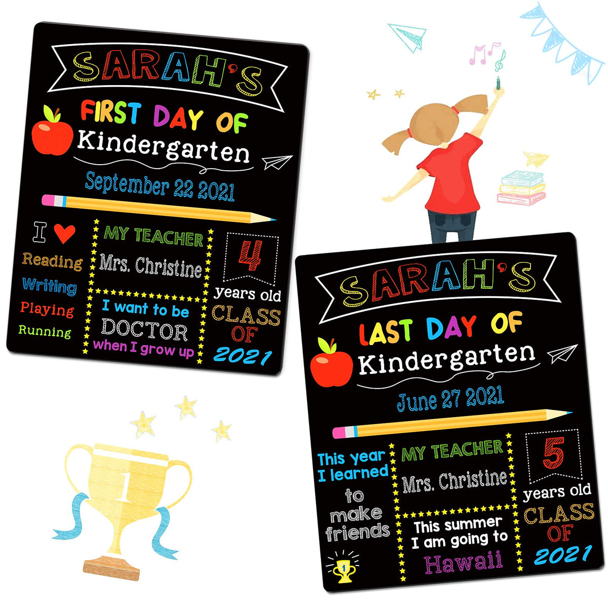 First & Last Day of School Chalkboard, 10 x 12 Inch Double Sided Back to School Sign for Kids/Girls/Boys, Reusable Wooden 1st Day of Preschool/Kindergarten Photo Props