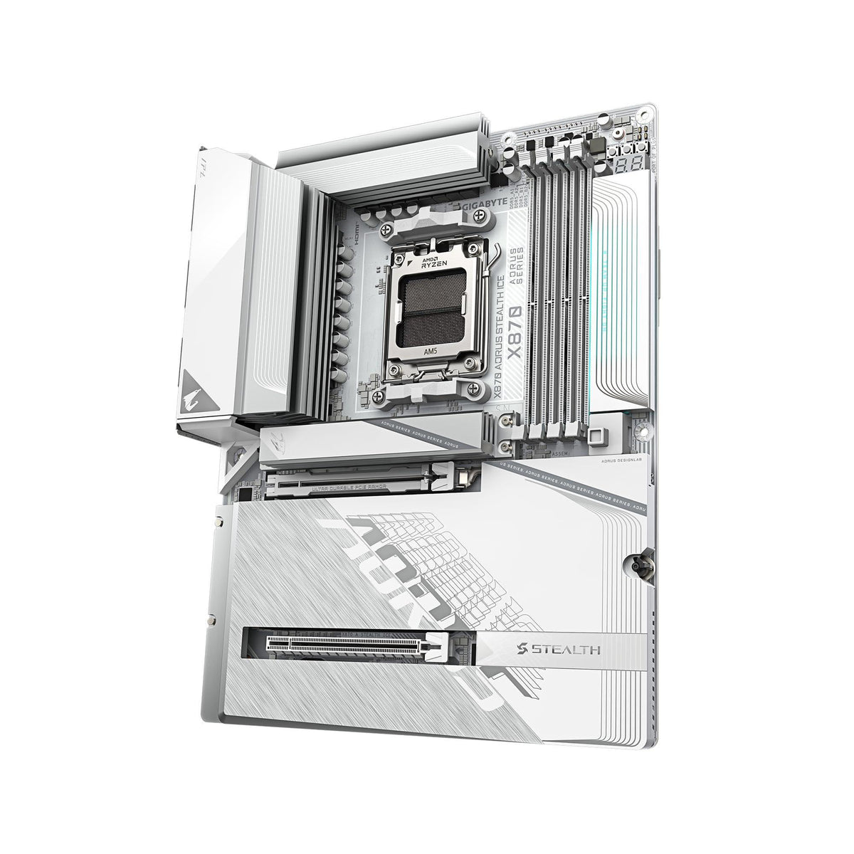 GIGABYTE X870 AORUS Stealth ICE AMD AM5 Motherboard, ATX, DDR5, 4X M.2, PCIe 5.0, 2xUSB-4,USB-C, WIFI7, 5GbE LAN, EZ-Latch
