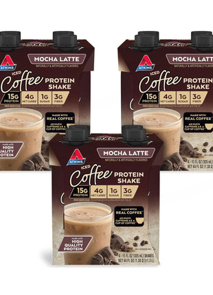 Atkins Mocha Latte Iced Coffee Flavored High Protein Shake, 12 Count | 15g Protein, 4g Net Carbs, 1g Sugar, 3g Fiber, Contains Caffeine, Ready to Drink, 11fl oz, 3 Pack of 4 Count Shakes