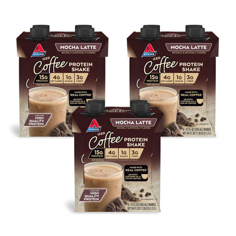 Atkins Mocha Latte Iced Coffee Flavored High Protein Shake, 12 Count | 15g Protein, 4g Net Carbs, 1g Sugar, 3g Fiber, Contains Caffeine, Ready to Drink, 11fl oz, 3 Pack of 4 Count Shakes