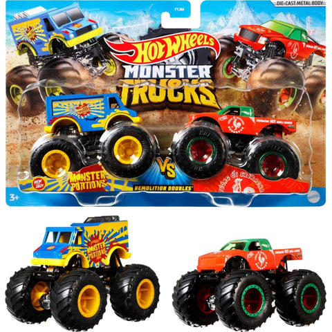 Hot Wheels Monster Trucks 2-Pack, Demolition Doubles Set of 2 Toy Vehicles in 1:64 Scale, for Kids & Collectors (Styles May Vary)