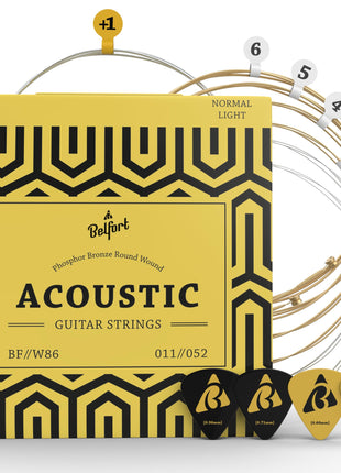 BELFORT® quality acoustic guitar strings - 6 string set - Premium coating with Phosphor Bronze (guitar strings acoustic 6 string set) BONUS: 4 Picks + 1 High E String - cuerdas para guitarra acustica