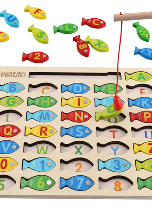Magnetic Wooden Fishing Game Toy for Preschoolers, Alphabet Fish Catching Counting Games Puzzle with Numbers and Letters, Preschool Learning ABC and Math Educational Toys for 3 4 5 Years Old Kids