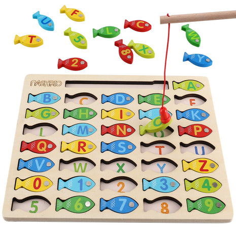 Magnetic Wooden Fishing Game Toy for Preschoolers, Alphabet Fish Catching Counting Games Puzzle with Numbers and Letters, Preschool Learning ABC and Math Educational Toys for 3 4 5 Years Old Kids