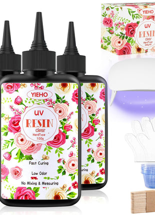 YIEHO 300g UV Resin Kit with Light-Upgraded Crystal Clear Hard UV Curing Premixed Epoxy Resin Starter Supplies for Art Craft Beginner Jewelry Making with Lamp