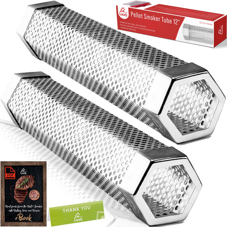 Premium Pellet Smoker Tube 12 inch (Set of 2) - 5 Hours of Billowing Smoke, Hot or Cold Smoking, for Any Grill or Smoker, An Easy and Safe Way to Provide Smoking, Free eBook Grilling Ideas & Recipes