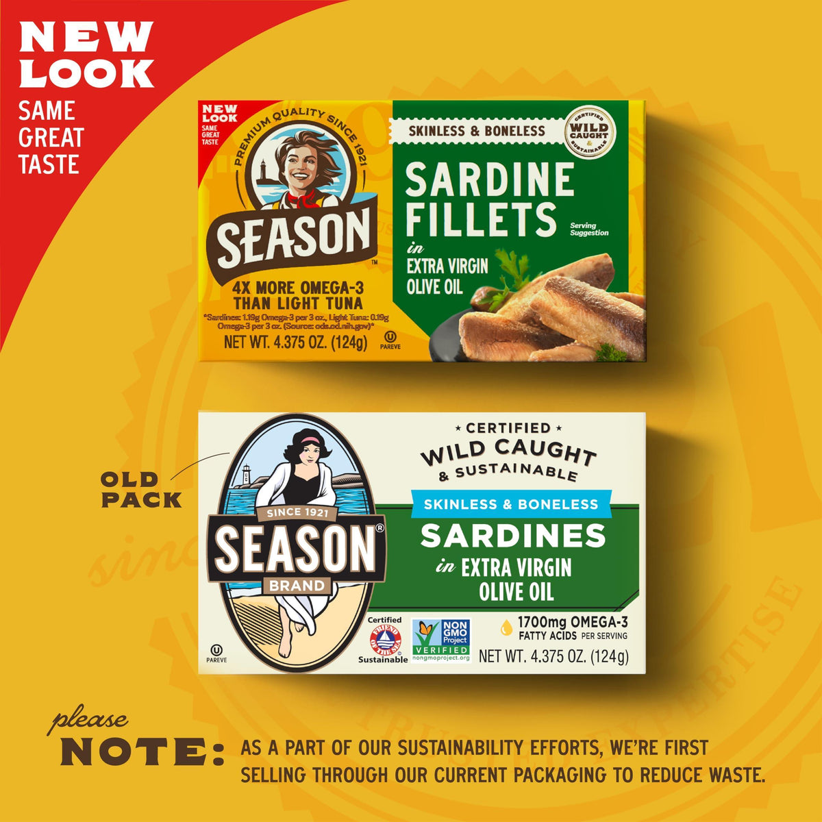 Season Sardines in Extra Virgin Olive Oil - Skinless & Boneless, Wild Caught, 22g of Protein, Keto Snacks, More Omega 3's Than Tuna, Kosher, High in Calcium, Canned Sardines - 4.37 Oz Tins, 12-Pack