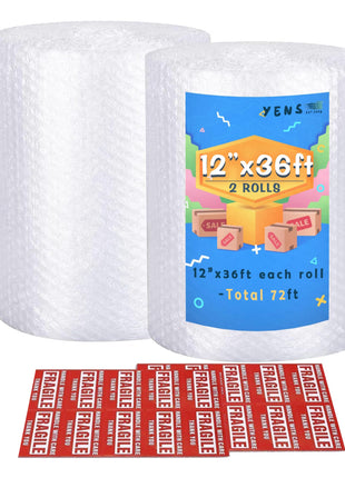 Yens Nylon Bubble Cushioning Rolls 72 ft 12 Inch width Packing Materials 3/16 inch AIR Bubble Perforated every 12 inch wrap 20 bonus Fragile Stickers