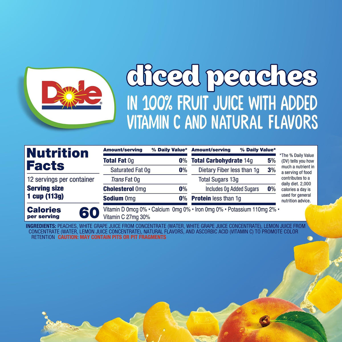 Dole Diced Peaches in 100% Juice - Dole Fruit Bowls Snacks - 4 oz Fruit Bowls - 12 Pack