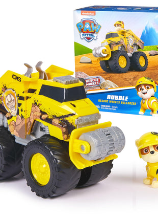 Paw Patrol Rescue Wheels Rubble's Transforming Bulldozer & Action Figure | Oversized Monster Truck Wheels, Spring-Loaded Plow Roller, Rubble Action Figure, Kids Toys for Boys & Girls Ages 3+