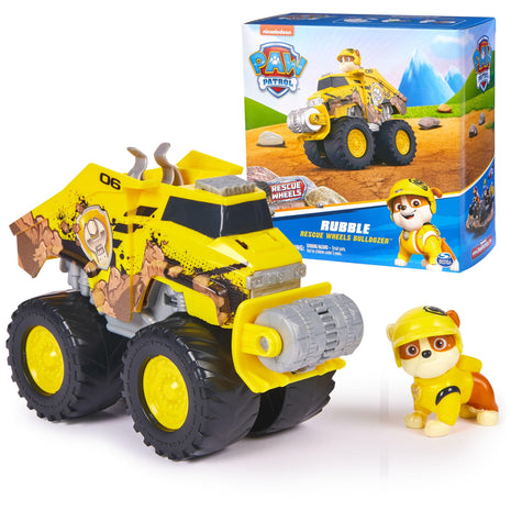 Paw Patrol Rescue Wheels Rubble's Transforming Bulldozer & Action Figure | Oversized Monster Truck Wheels, Spring-Loaded Plow Roller, Rubble Action Figure, Kids Toys for Boys & Girls Ages 3+