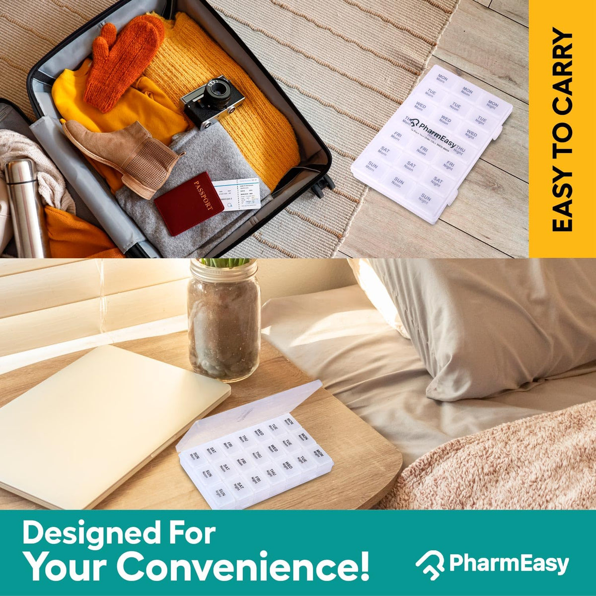 PharmEasy 7 Day Weekly Pill Box, Durable Medicine Organizer Box with Extra Large Compartments and BPA Free Material for Moisture Free Storage, Portable and Travel Friendly - Clear Box