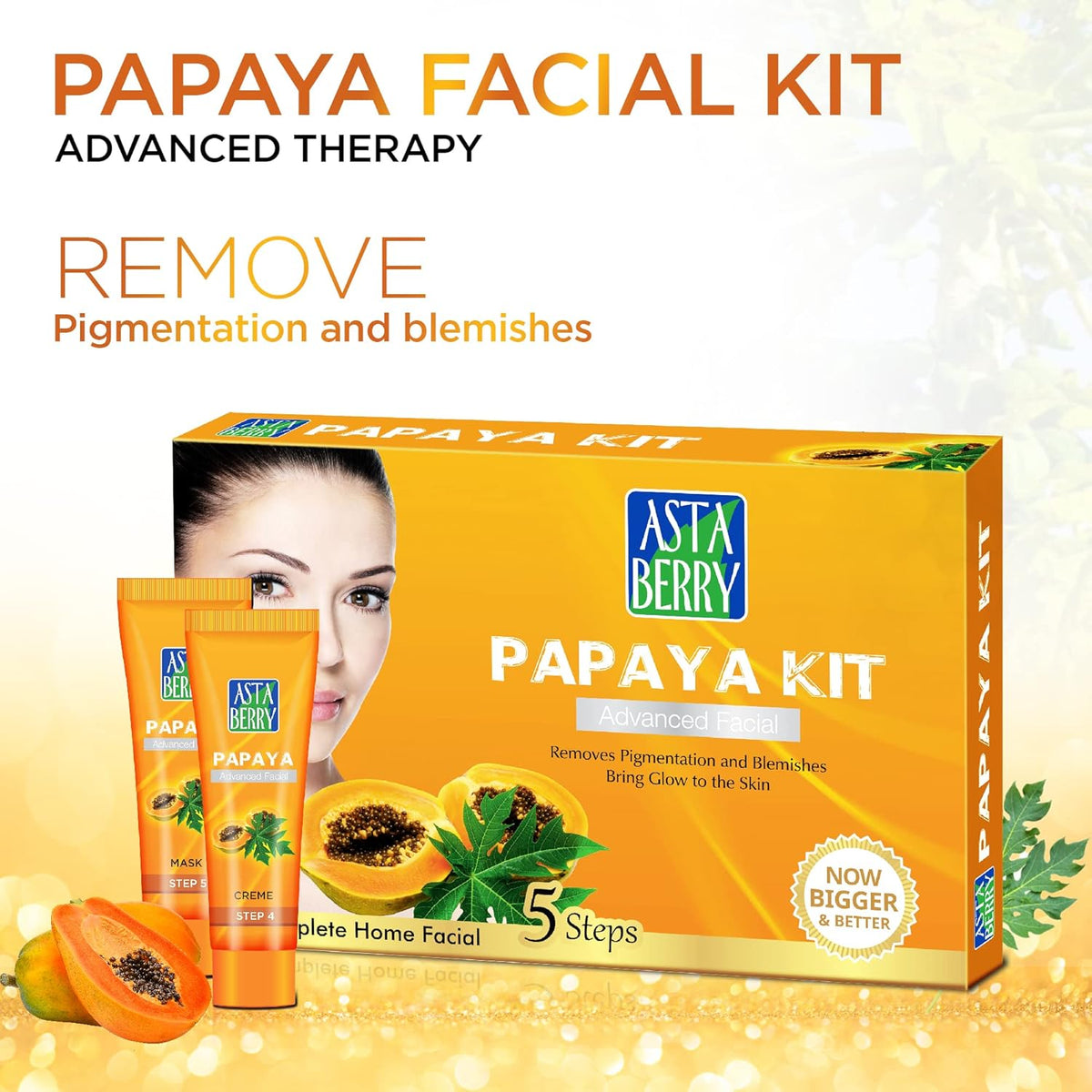 Astaberry Papaya Mini Facial Kit, 5 Step for Skin Brightening | Ultimate Glow | Reduce Pigmentation and Blemishes | Improve skin moisturization & Elasticity |100 gm