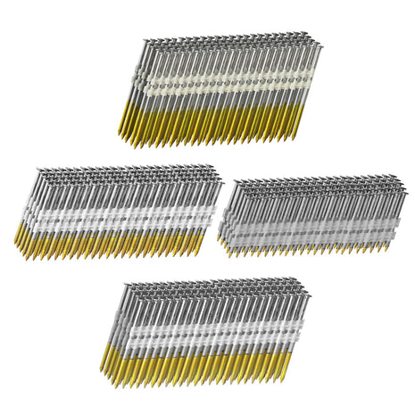 21 Degree Framing Nails 4 SIZES (2 inch+2-1/2 inch+3.0 inch) Ring Shank+3-1/2 inch Smooth Shank), Full Round Head Hot Dipped Galvanized, 100 per Size, 400 Count, Assorted Size, 20 to 22 Degree Framing Nailer