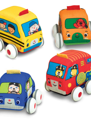 Melissa & Doug K's Kids Pull-Back Town Vehicle Set - Baby Toys Set with 4 Soft Toy Cars and Trucks, Surface Washable with Removable Wheels, Learning Toys for Babies and Toddlers