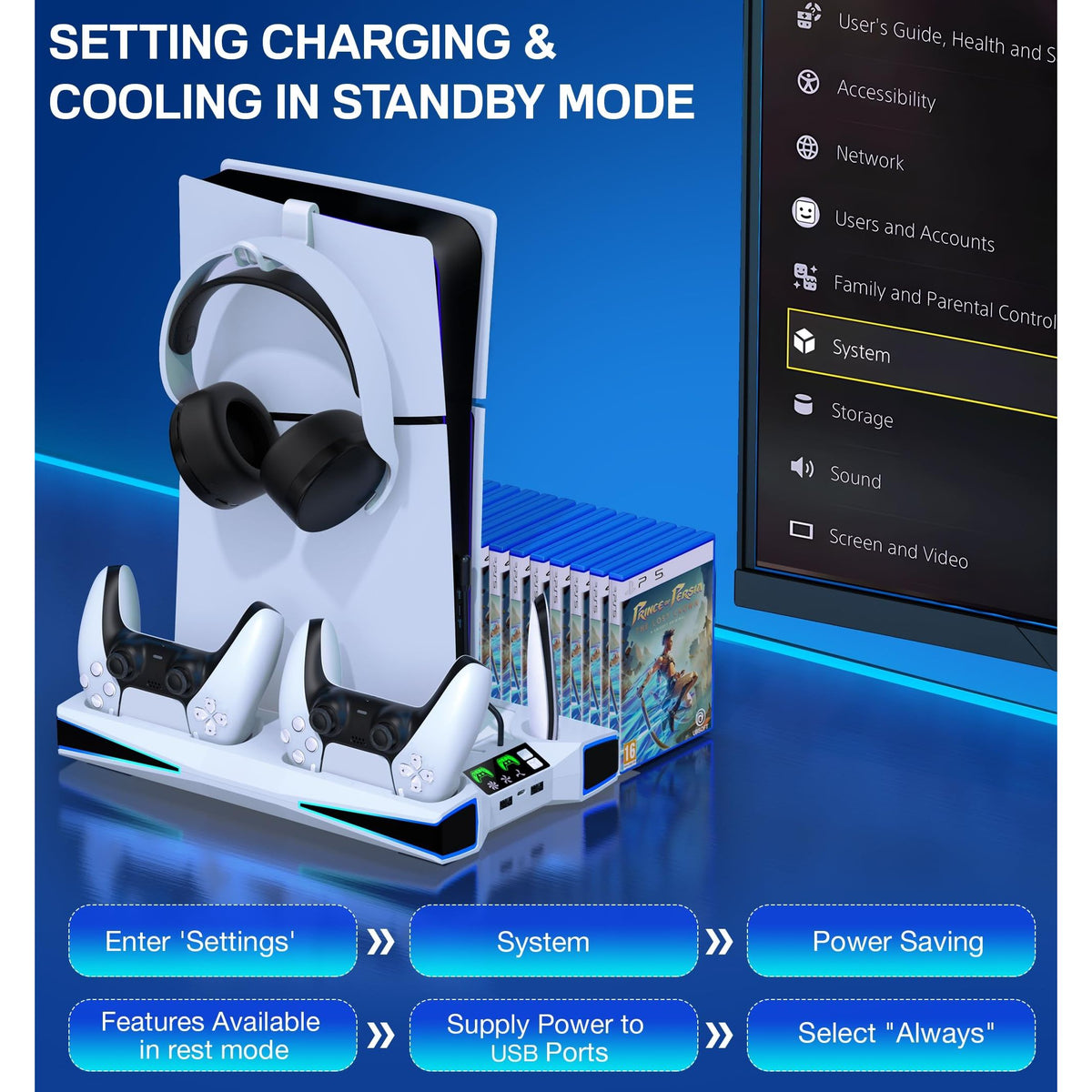 LIFUFUTEE PS5 Stand, PS5/Slim/Pro Cooling Station with 2.36in Cooling Fan, Controller Charger Station for PS5 Accessories, Light, Headset Holder, 3 Charger Ports for PlayStation 5 Slim/Pro Console