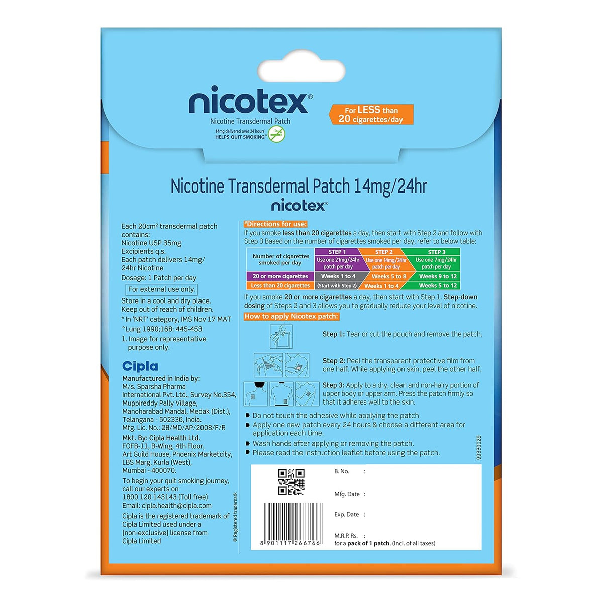 Cipla Nicotex Nicotine Transdermal Patch 14mg | Helps to Quit Smoking | WHO - Approved Therapy | 1 Patch (Pack of 3)