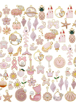 40pcs(20PAIRS) Assorted Gold Tone Enamel Animals Fruit Moon Star Dainty Dangle Flowers Pendants Charms for Jewelry Making Necklace Bracelet, Pink Theme