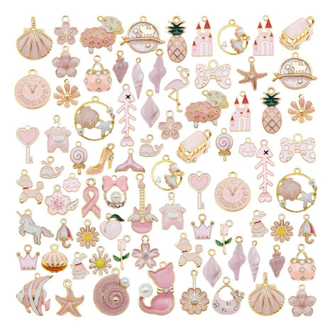 40pcs(20PAIRS) Assorted Gold Tone Enamel Animals Fruit Moon Star Dainty Dangle Flowers Pendants Charms for Jewelry Making Necklace Bracelet, Pink Theme