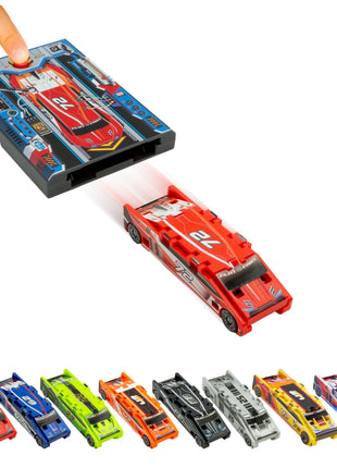 FLAT 2 FAST Original Stunt Card Racer ??Flat Car Racer and Pocket Size Racecar Launcher with Built-in Button for Stunt Launching and Racing ??Compact ??Red