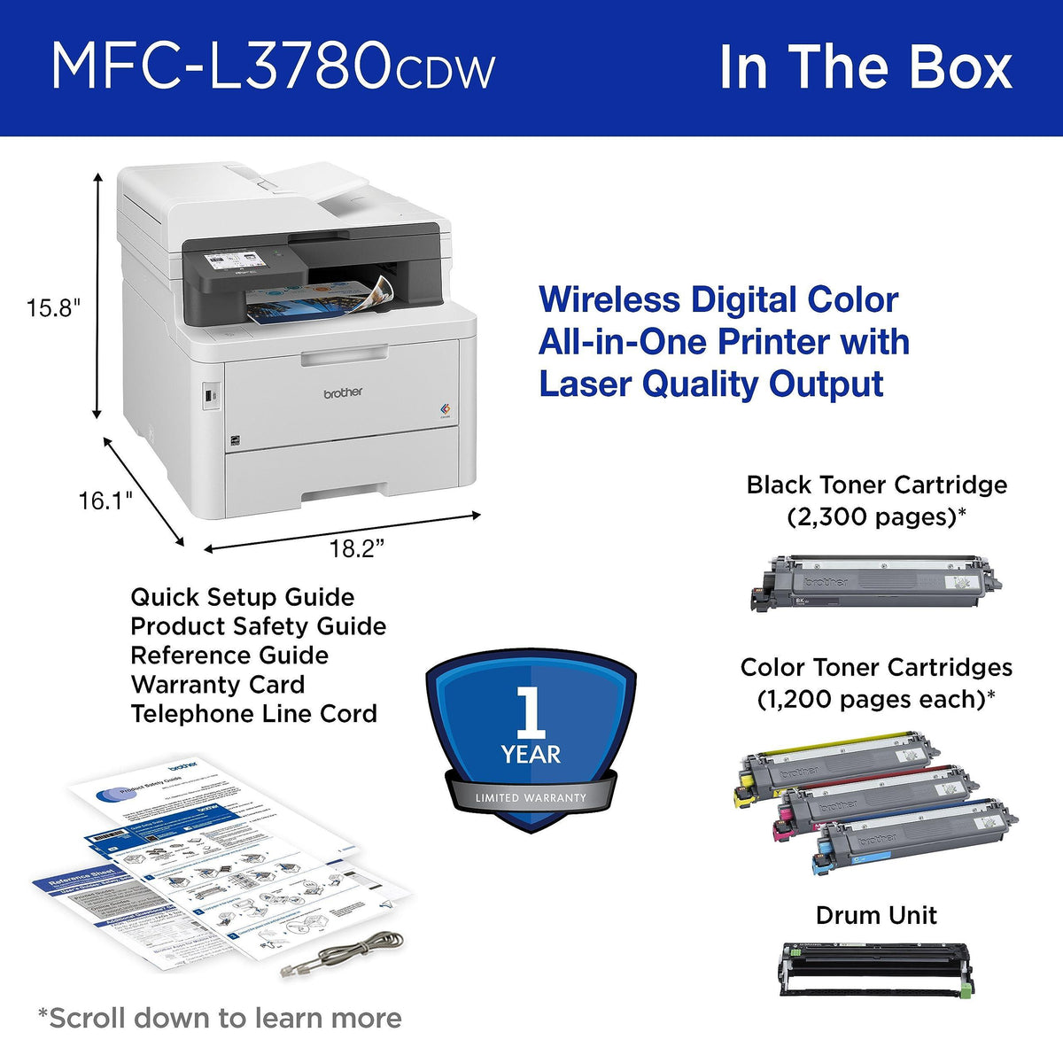 Brother MFC-L3780CDW Wireless Digital Color All-in-One Printer with Laser Quality Output, Single Pass Duplex Copy & Scan | Includes 2 Month Refresh Subscription Trial, Works with Alexa