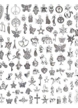 JIALEEY Wholesale Bulk Lots Jewelry Making Silver Charms Mixed Smooth Tibetan Silver Metal Charms Pendants DIY for Necklace Bracelet Jewelry Making and Crafting, 100 PCS