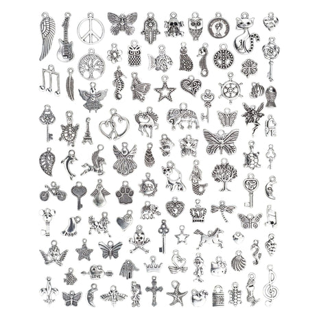 JIALEEY Wholesale Bulk Lots Jewelry Making Silver Charms Mixed Smooth Tibetan Silver Metal Charms Pendants DIY for Necklace Bracelet Jewelry Making and Crafting, 100 PCS