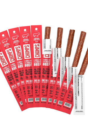 Chomps Grass-Fed and Finished Original Beef Jerky Snack Sticks 10-Pack - Keto, Paleo, Whole30, 10g Lean Meat Protein, Gluten-Free, Zero Sugar Food, Non-GMO