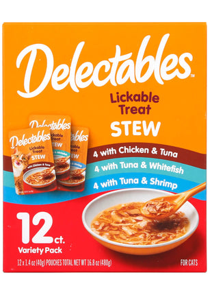 Delectables Lickable Treat Stew Wet Cat Treat Variety Pack, Food Topper, Hydrating, Grain-Free, No Fillers, No By-Products, No Added Preservatives, 1.4oz Pouch, 12ct