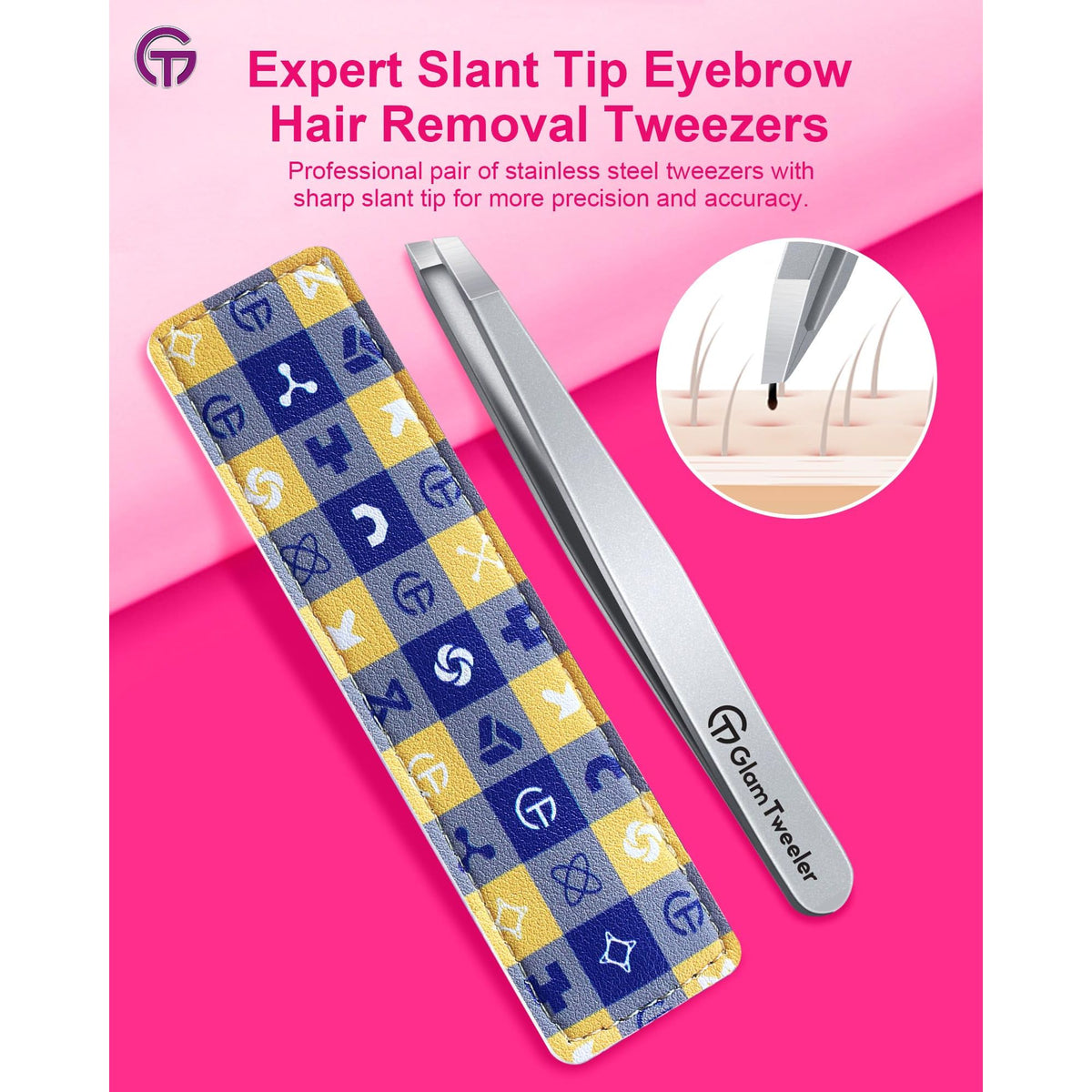 Expert Slant Tip Tweezers with Leather Case, GlamTweeler Sharp & Precision Stainless Steel Tweezer for Eyebrows, Facial Hair and Fine Hairs Removal (Silver)