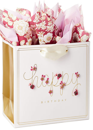 Hallmark Signature 7 inch Medium Birthday Gift Bag with Tissue Paper (Pink Flowers)