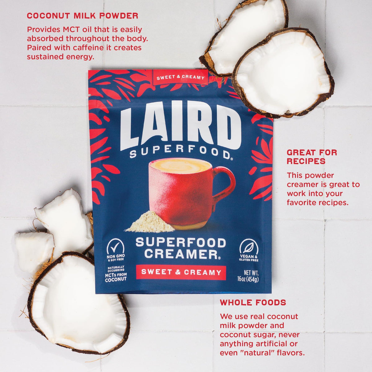 Laird Superfood Non-Dairy Superfood Creamer - Coconut Powder Coffee Creamer - Sweet & Creamy - Gluten Free, Non-GMO, Vegan - 16 oz. Bag, Pack of 1