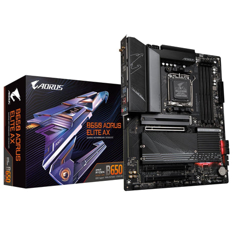 GIGABYTE B650 AORUS Elite AX AMD AM5 ATX Motherboard, Support Ryzen 9000/8000/7000 Series, DDR5, 14+2+1 Power Phase, PCIe 5.0 M.2, USB-C 3.2 Gen 2, WIFI6E, 2.5GbE, EZ-Latch, Q-Flash, RGB Fusion