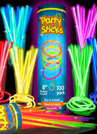 PartySticks Glow Sticks Party Supplies 100pk - 8 Inch Glow in the Dark Light Up Sticks Party Favors, Glow Party Decorations, Neon Party Glow Necklaces and Glow Bracelets with Connectors