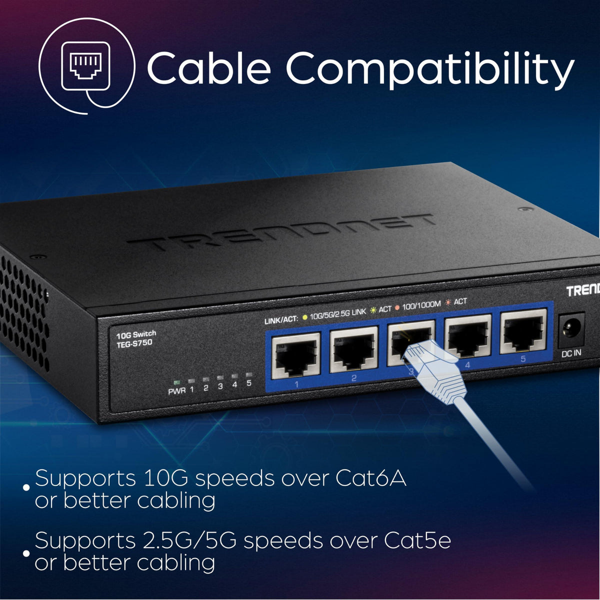TRENDnet 5-Port 10G Switch, TEG-S750, 5 x 10G RJ-45 Ports, 100Gbps Switching Capacity, Supports 2.5G and 5G-Base-T Connections, Ethernet Splitter, NDAA & TAA Compliant, Lifetime Protection, Black