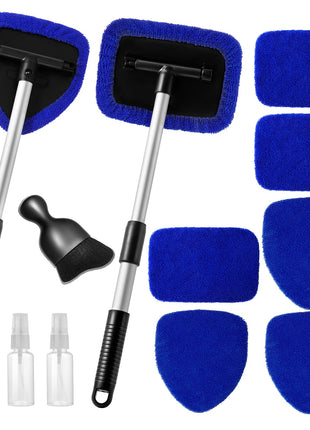 11pcs Windshield Cleaner Tool, Car Window Cleaning Wash Kit with 6 Reusable Microfiber Pads 2 Spray Bottles and Extendable Handles Auto Glass Wiper Kit, Blue