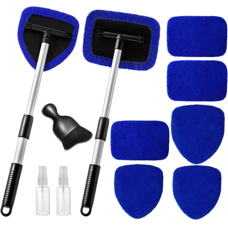 11pcs Windshield Cleaner Tool, Car Window Cleaning Wash Kit with 6 Reusable Microfiber Pads 2 Spray Bottles and Extendable Handles Auto Glass Wiper Kit, Blue