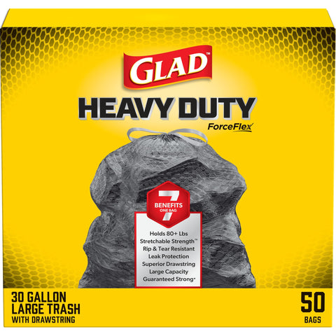 Glad Large 30 Gallon Trash Bags, Unscented Heavy Duty Garbage Bags, Forceflex with Drawstring, 50 Count (Packaging May Vary)