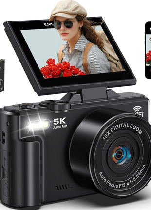 5K Digital Camera for Photography, 75MP WiFi Vlogging Camera for YouTube, 18X Zoom UHD Autofocus, 3" 180° Flip Screen, Video Camera with 32GB SD Card & 2 Batteries