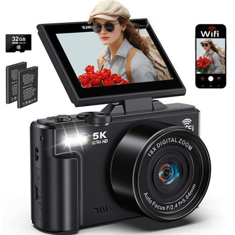 5K Digital Camera for Photography, 75MP WiFi Vlogging Camera for YouTube, 18X Zoom UHD Autofocus, 3" 180° Flip Screen, Video Camera with 32GB SD Card & 2 Batteries