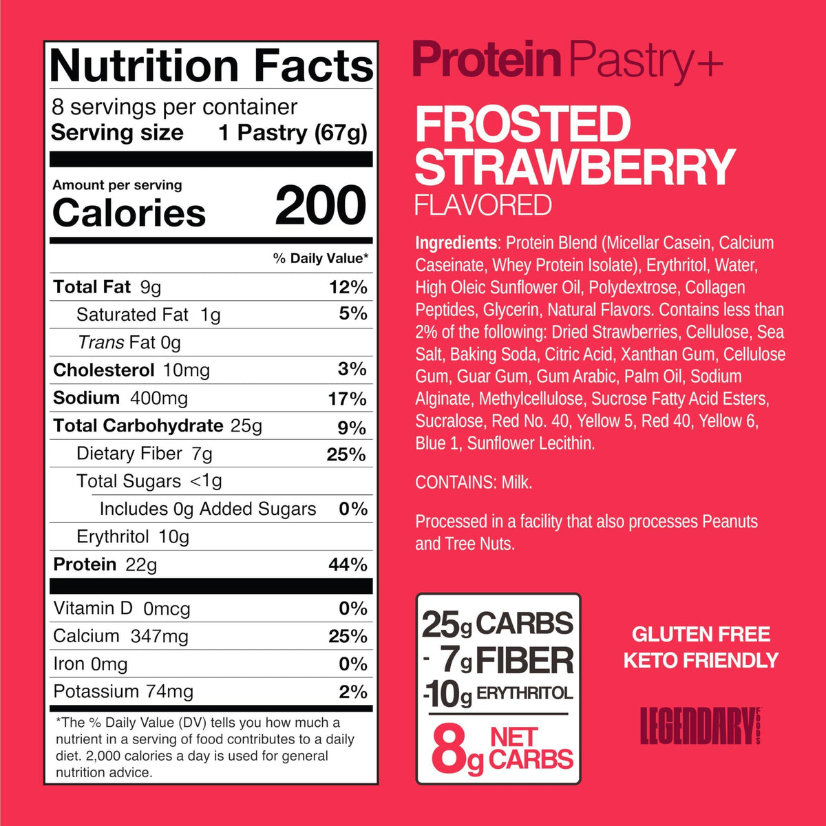 Legendary Foods 22g Protein Pastry+ Premium Low Carb Meal Replacement Bar - Low Glycemic, Gluten Free Protien Snacks - Healthy Keto Snack Box, 8x Zero Sugar Energy Bars - Bariatric Diabetic Friendly